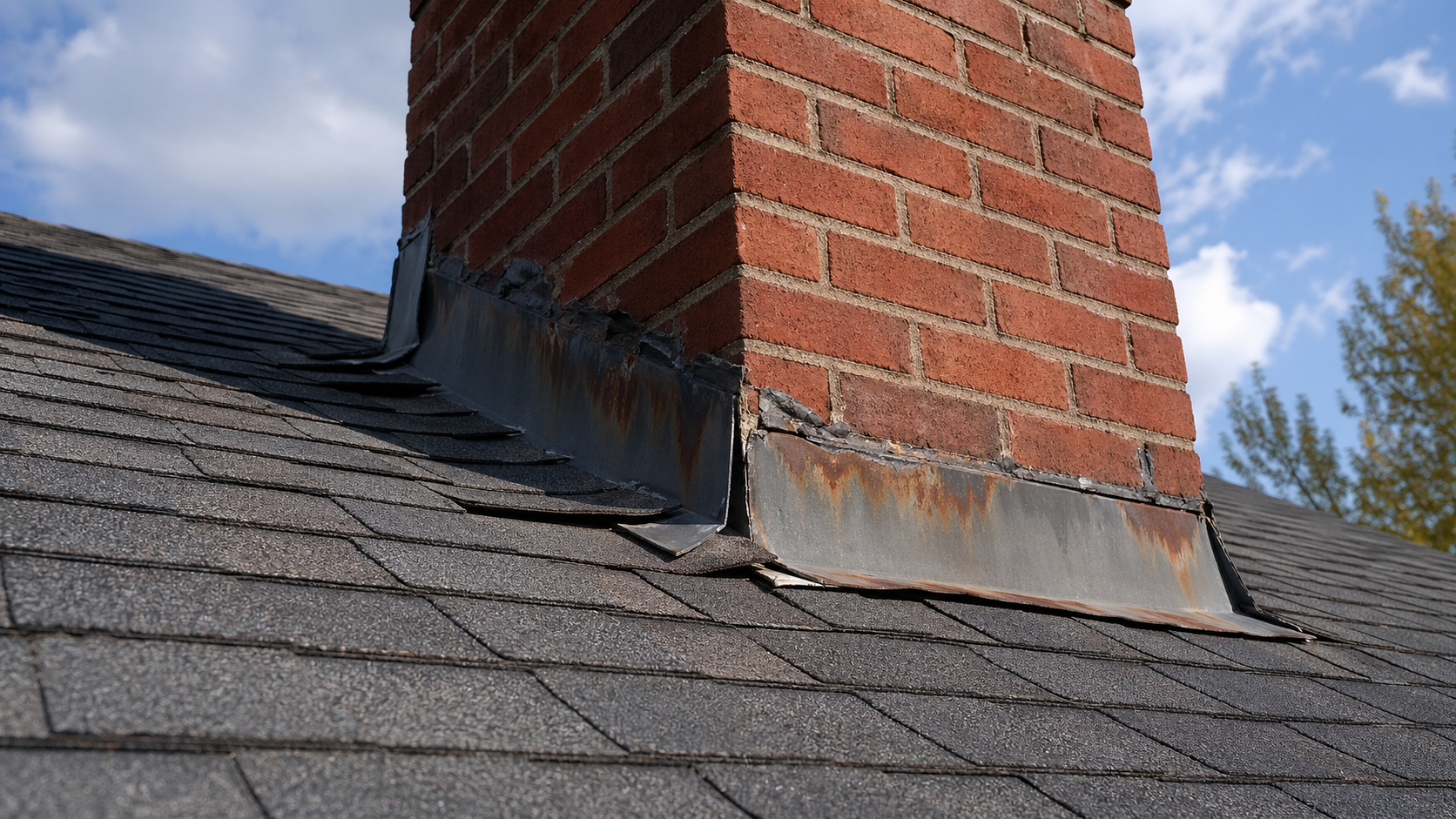Rusted and lifted chimney step flashing on a residential asphalt roof, a frequent source of interior water stains
