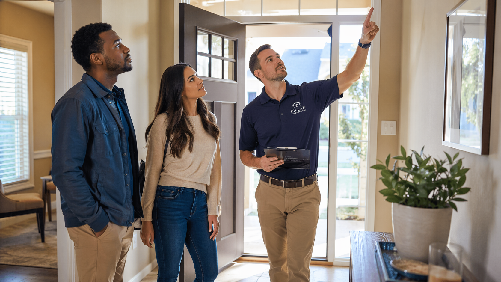 First-time home buyers attending a home inspection, learning from a licensed inspector pointing out details in the entryway of a suburban home.