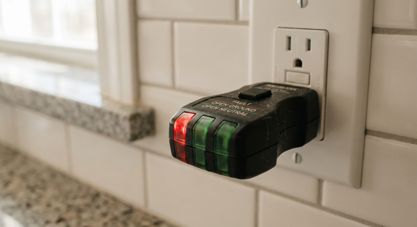 A close-up photograph of a black GFCI outlet tester plugged into a kitchen wall outlet.