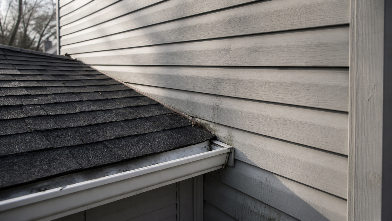 Close-up of a corroded and separated kickout flashing at a roof-to-wall junction, showing rust staining on the adjacent vinyl siding, demonstrating the typical failure point where water enters the wall cavity.