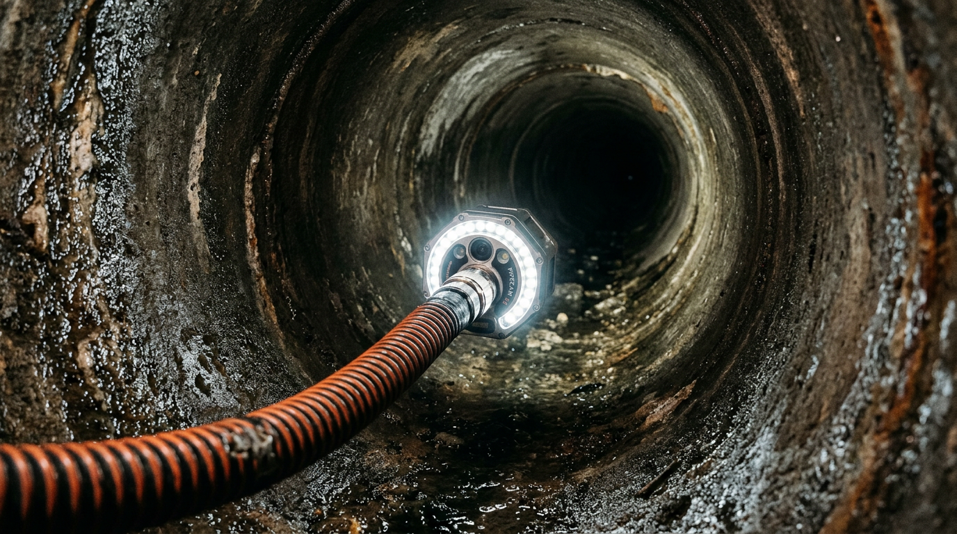 A specialized glowing camera performing a sewer scope inspection inside an underground plumbing pipe.